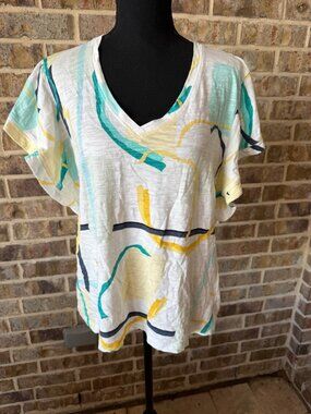 Chico's women's woven cotton blouse size large (2) multi-color abstract pattern